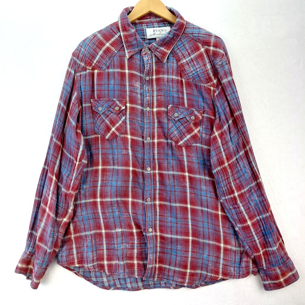 Ryan Michael Shirt Mens XXL Red Blue Plaid Western Metal Snaps Sawtooth Pockets